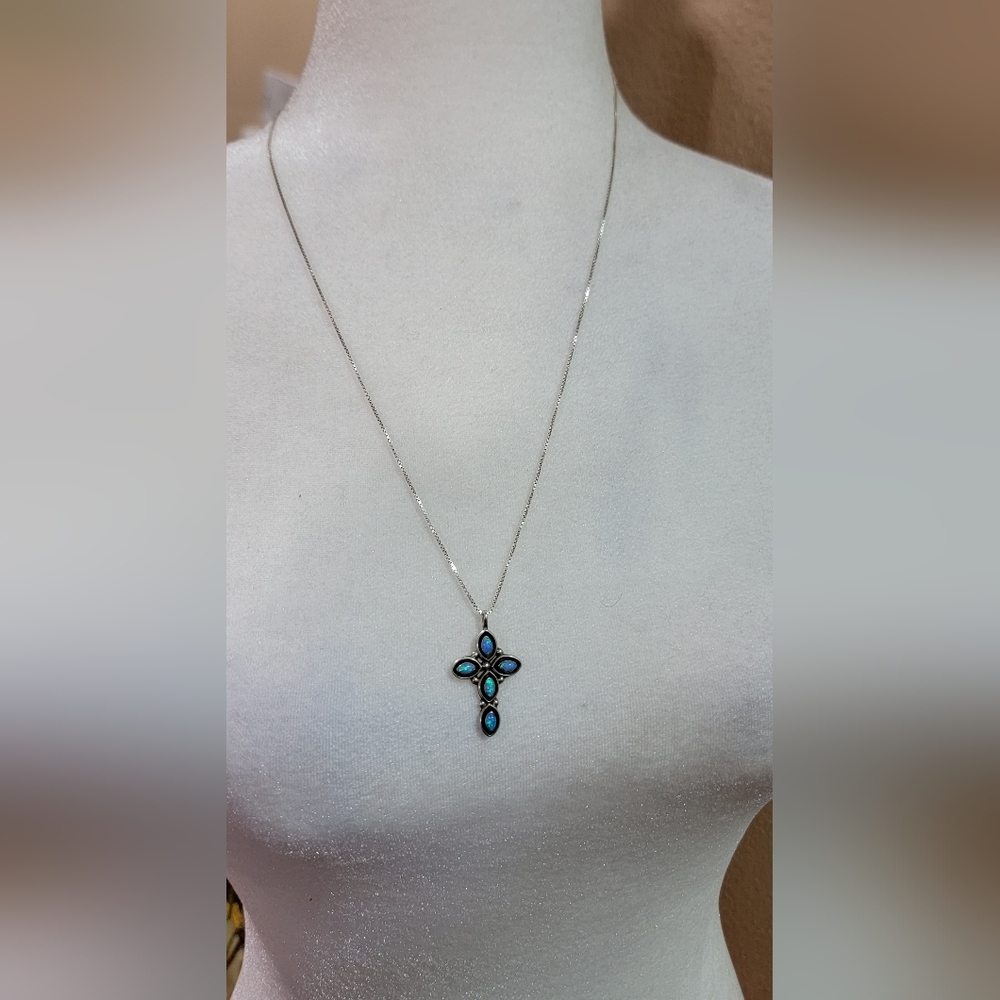 Opal Cross Pendant, Sterling Silver, 24 Inch Chain....925 SS - Picture 2 of 2